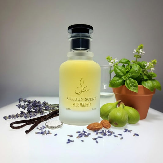 Sukuun Scent Blue Majesty Eau de Parfum 50ML bottle with lavender, vanilla, blue stones, and blue powder.