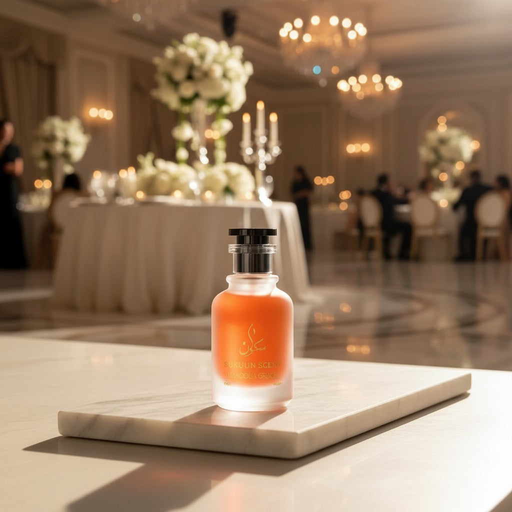 Sukuun Scent Magnolia Grace Eau de Parfum, a delicate floral fragrance in an orange glass bottle held by a hand.