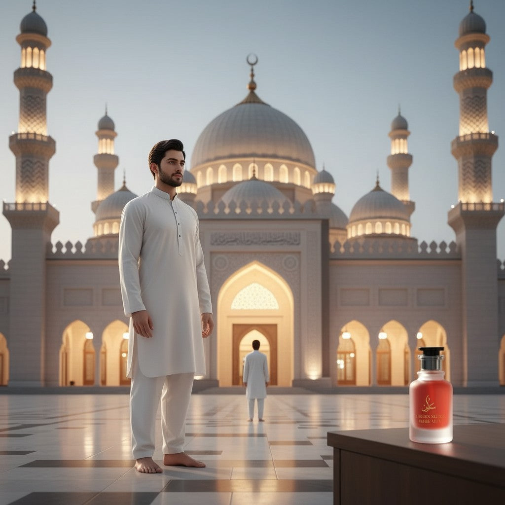 Sukuun Scent Arabic Aura Eau de Parfum 50ML, a frosted glass bottle with red liquid, held by a hand.