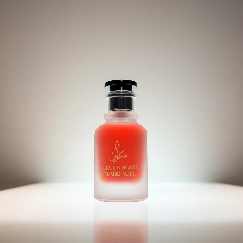Sukuun Scent Arabic Aura Eau de Parfum 50ML, frosted red glass bottle with gold Arabic calligraphy and text.