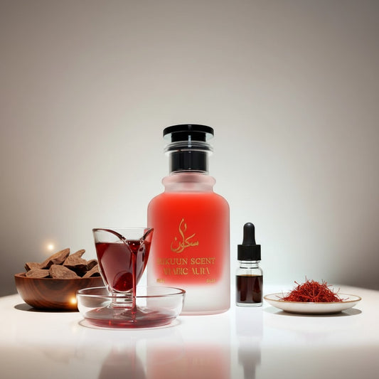 Sukuun Scent Arabic Aura 50ML Eau de Parfum in a frosted red glass bottle with gold lettering.