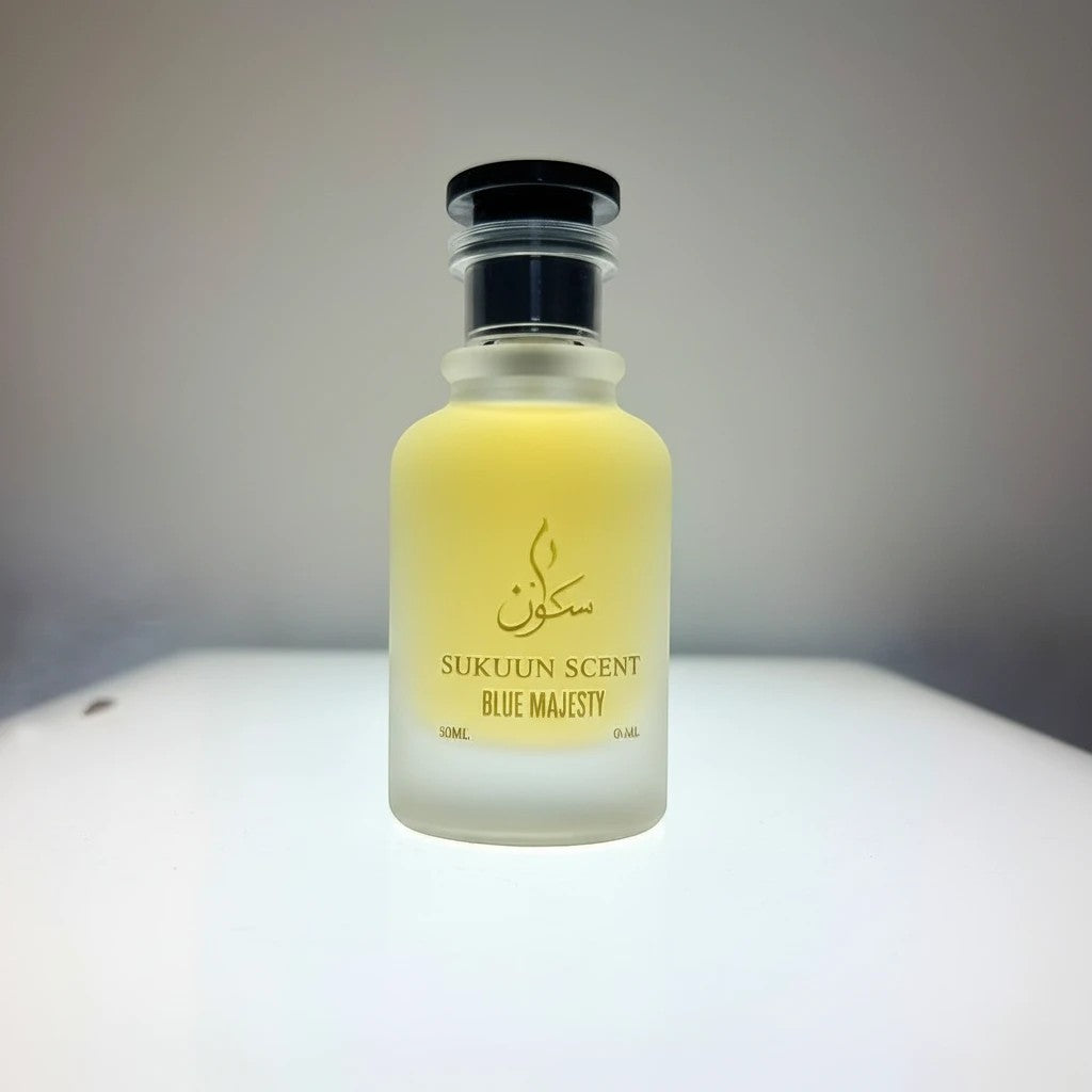 Sukuun Scent Blue Majesty Eau de Parfum 50ML frosted glass bottle with gold lettering and black cap.