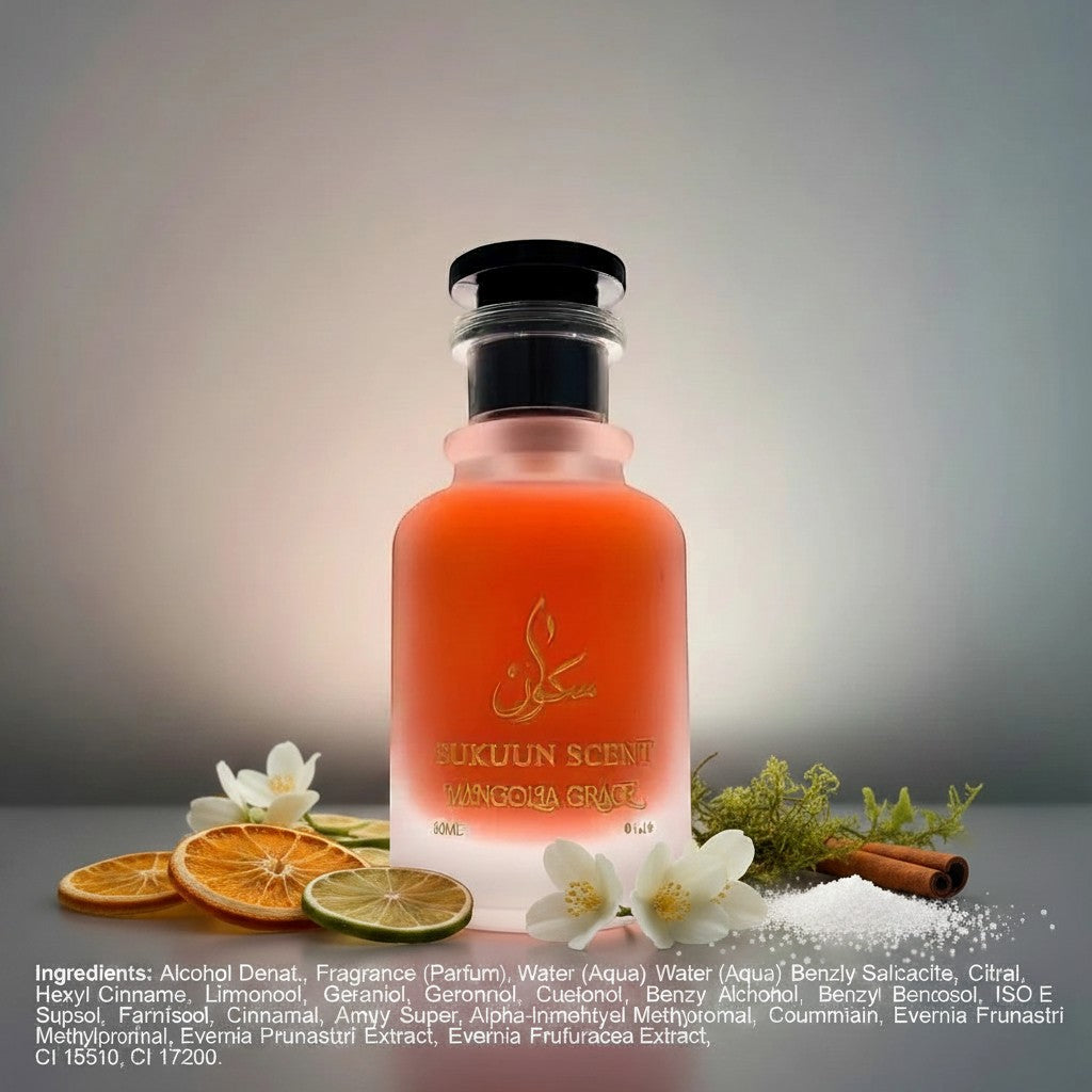 Sukuun Scent Magnolia Grace 50ML Eau de Parfum in a frosted gradient bottle with gold lettering.