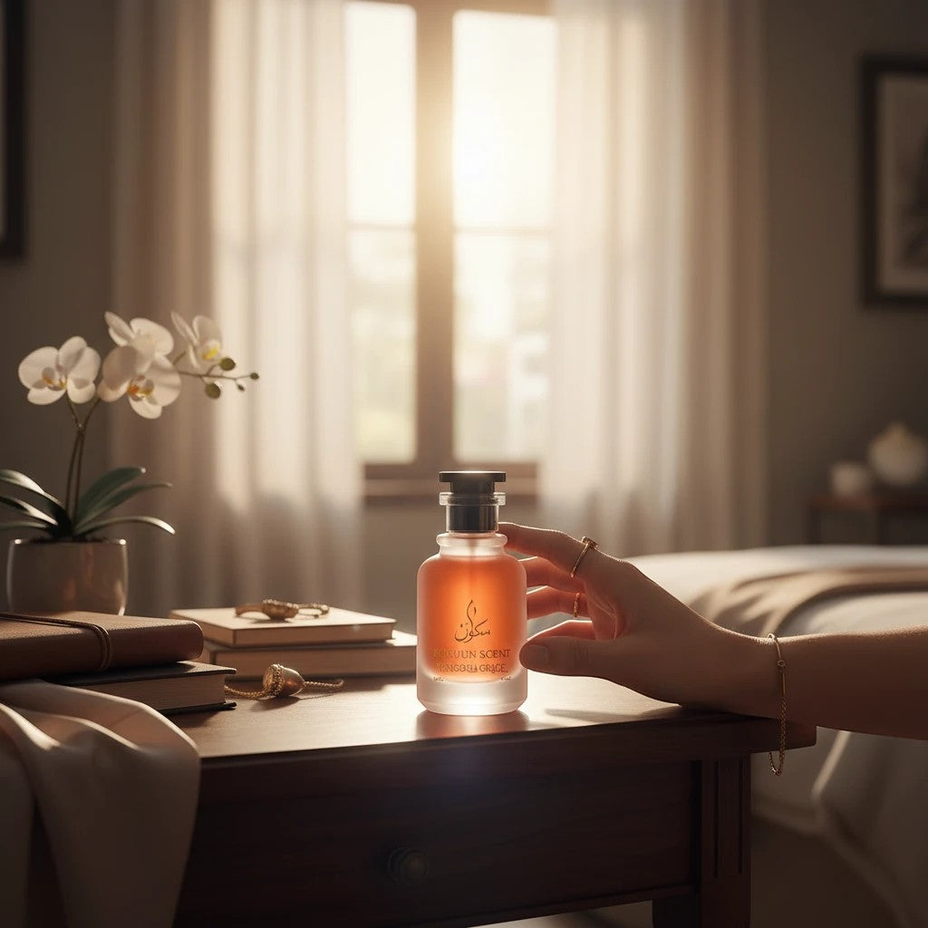 Sukuun Scent Magnolia Grace Eau de Parfum 50ML, a delicate floral fragrance in a clear glass bottle with an amber hue.