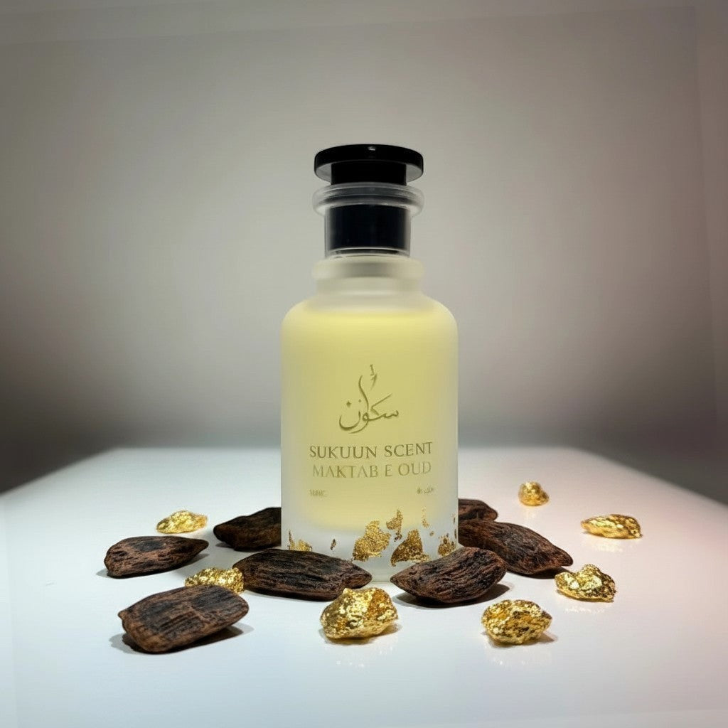 Sukuun Scent Maktab E Oud Eau de Parfum 50ML frosted glass bottle with black cap. Woody oud fragrance.