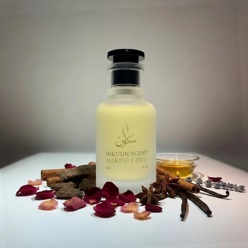 Sukuun Scent Maktab E Oud Eau de Parfum 50ML frosted glass bottle with black cap. Woody fragrance.