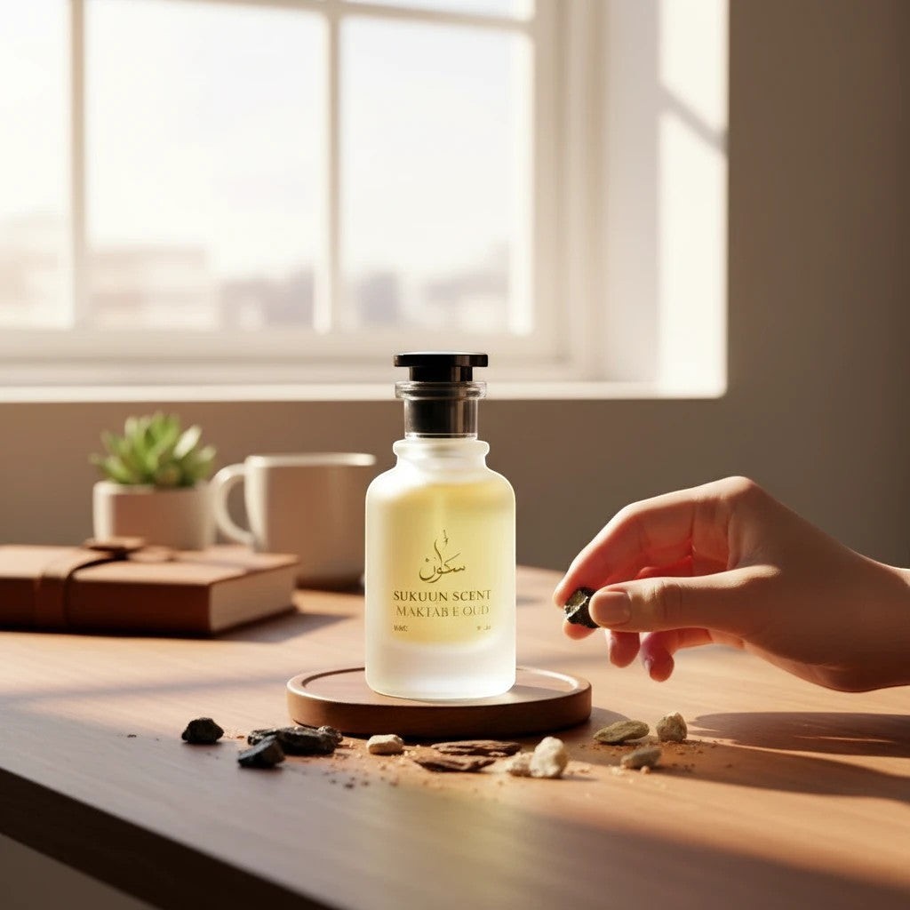 Sukuun Scent Maktab E Oud Eau de Parfum 50ML bottle with black cap on a wooden coaster, surrounded by oud chips.