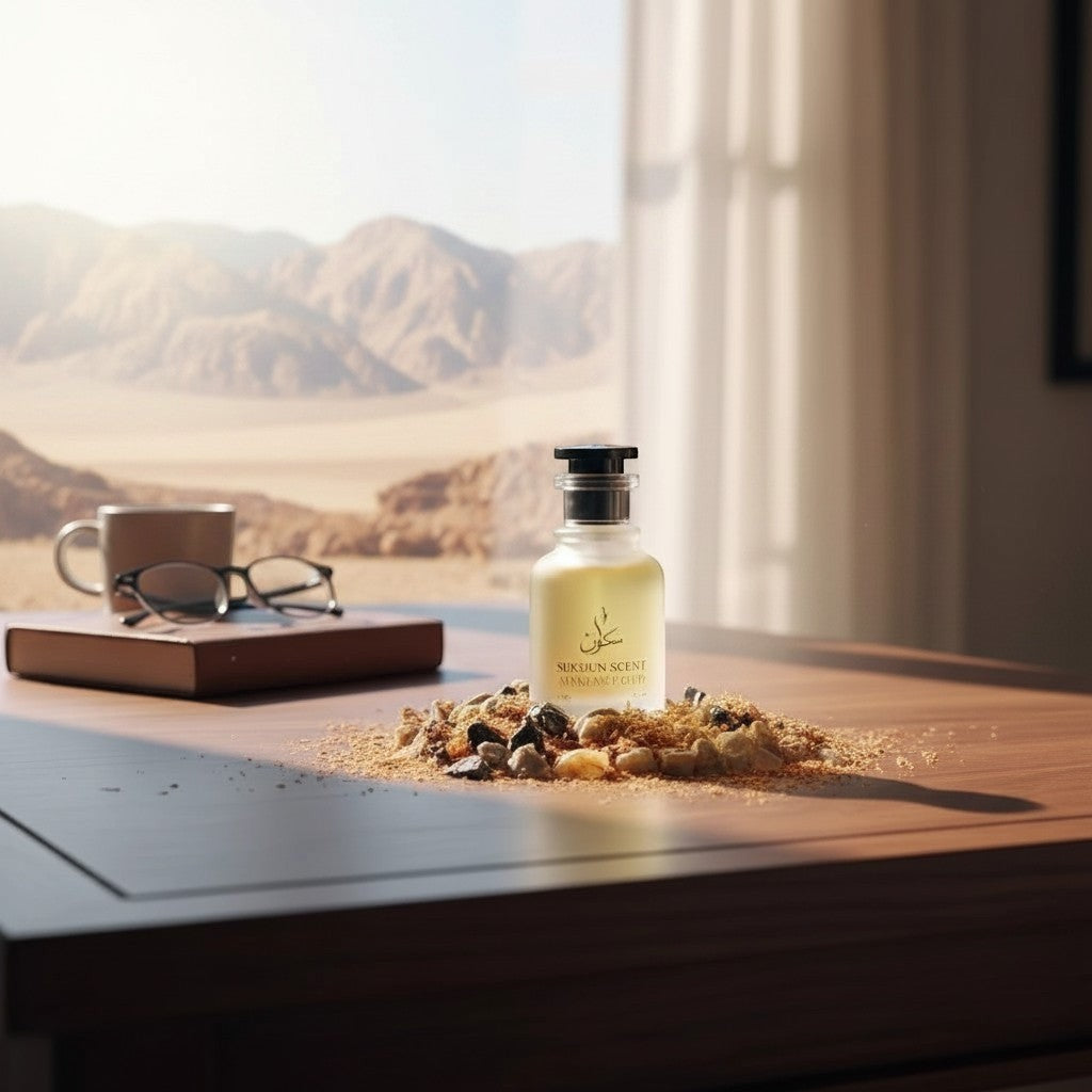 Sukuun Scent Maktab E Oud Eau de Parfum bottle surrounded by oud chips and spices on a wooden table.
