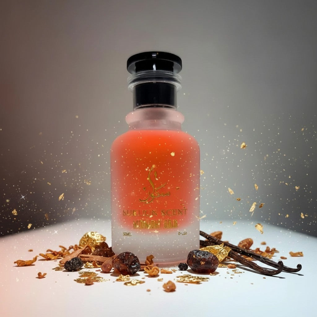 Sukuun Scent Midnight Gold perfume in a frosted glass bottle with an amber gradient and gold lettering.