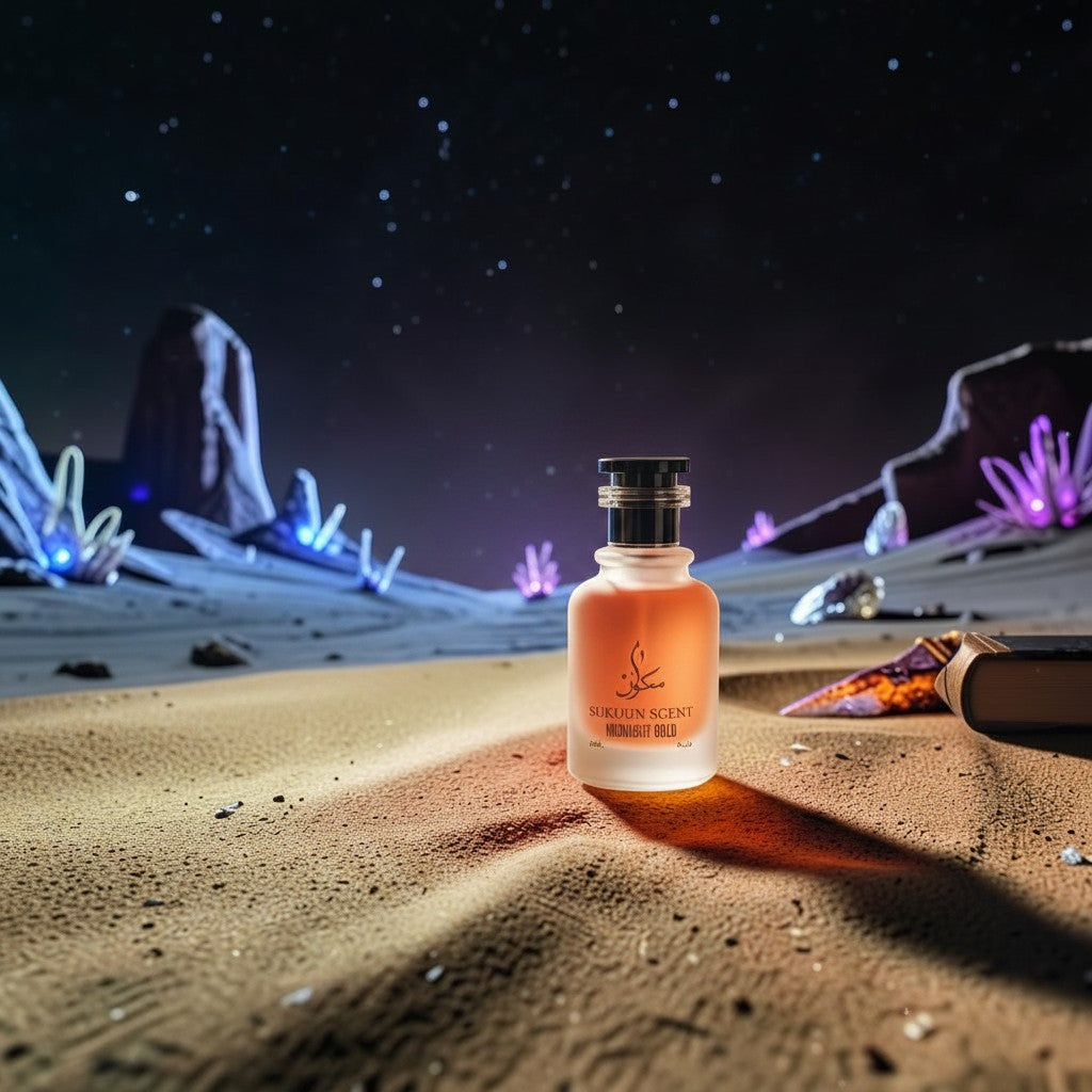 Sukuun Scent Midnight Gold perfume bottle held by a hand, with a desert-like, starry night background.