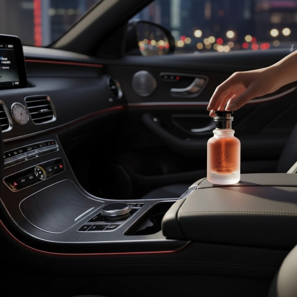 Sukuun Scent MidNight-Gold Signature perfume bottle with amber tones inside a luxury car.