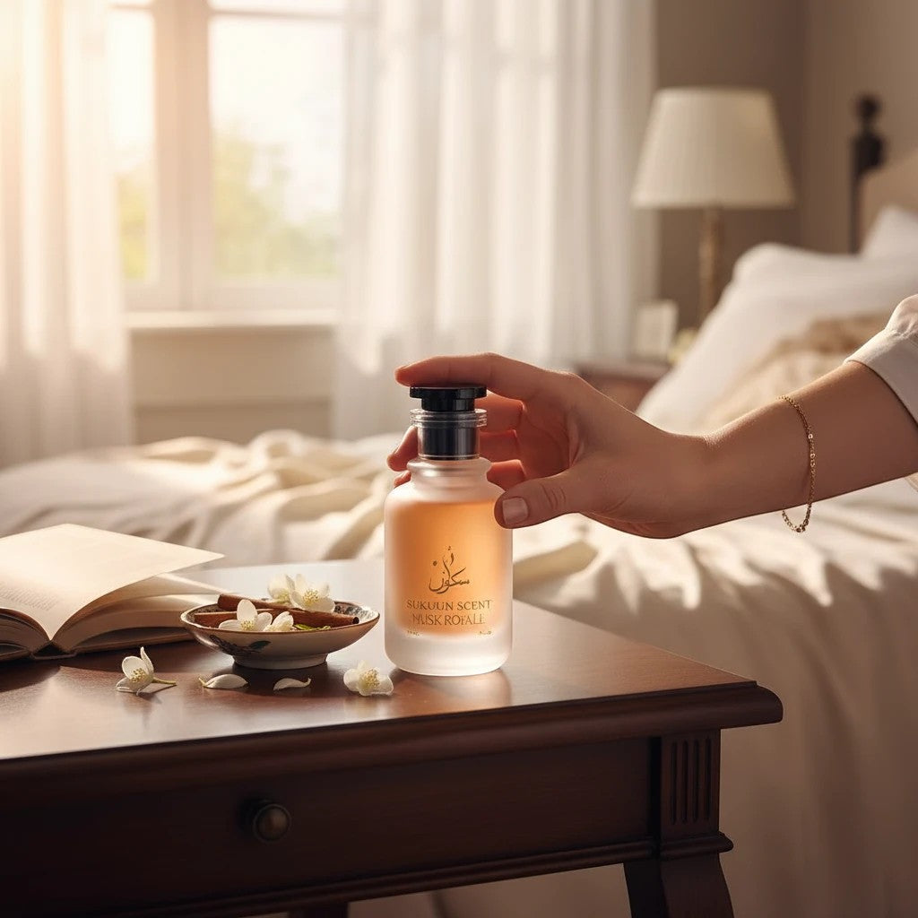 Sukuun Scent Musk Royale Eau de Parfum 50ML bottle held by a hand, with a small dish of cinnamon sticks and jasmine flowers on a wooden table.