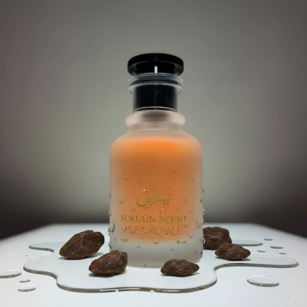 Sukuun Scent Musk Royale premium Eau de Parfum in a frosted glass bottle with orange liquid. 50ML.