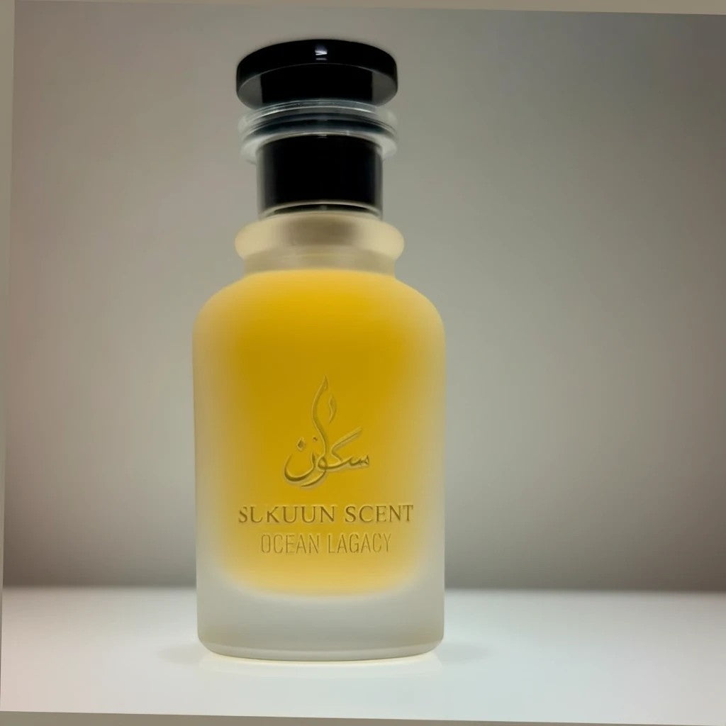 Sukuun Scent Ocean Legacy 50ML Eau de Parfum in a frosted yellow glass bottle with a black cap.