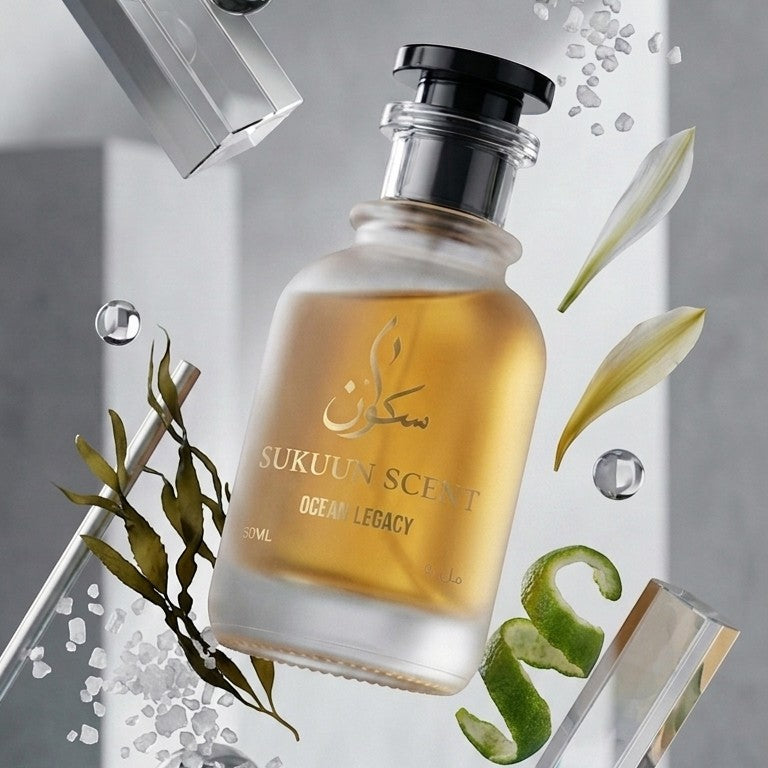 Sukuun Scent Ocean Legacy 50ML Eau de Parfum bottle with aquatic and woody notes, featuring lime zest and sea kelp.