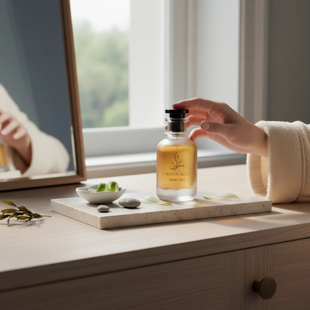 Sukuun Scent Ocean Legacy Eau de Parfum 50ML bottle with a hand reaching for it, styled with lime slices and stones.