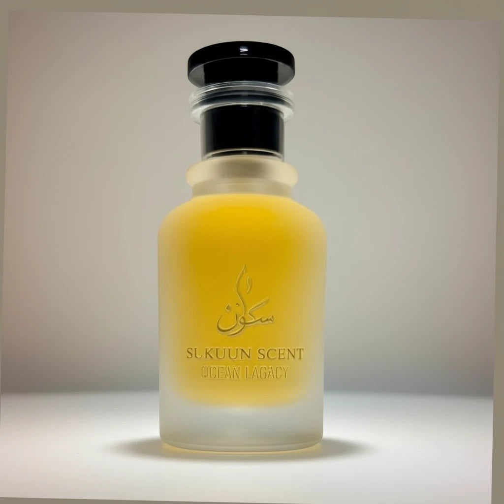 Sukuun Scent Ocean Legacy 50ML Eau de Parfum bottle with frosted glass and a black cap. Aquatic woody fragrance.