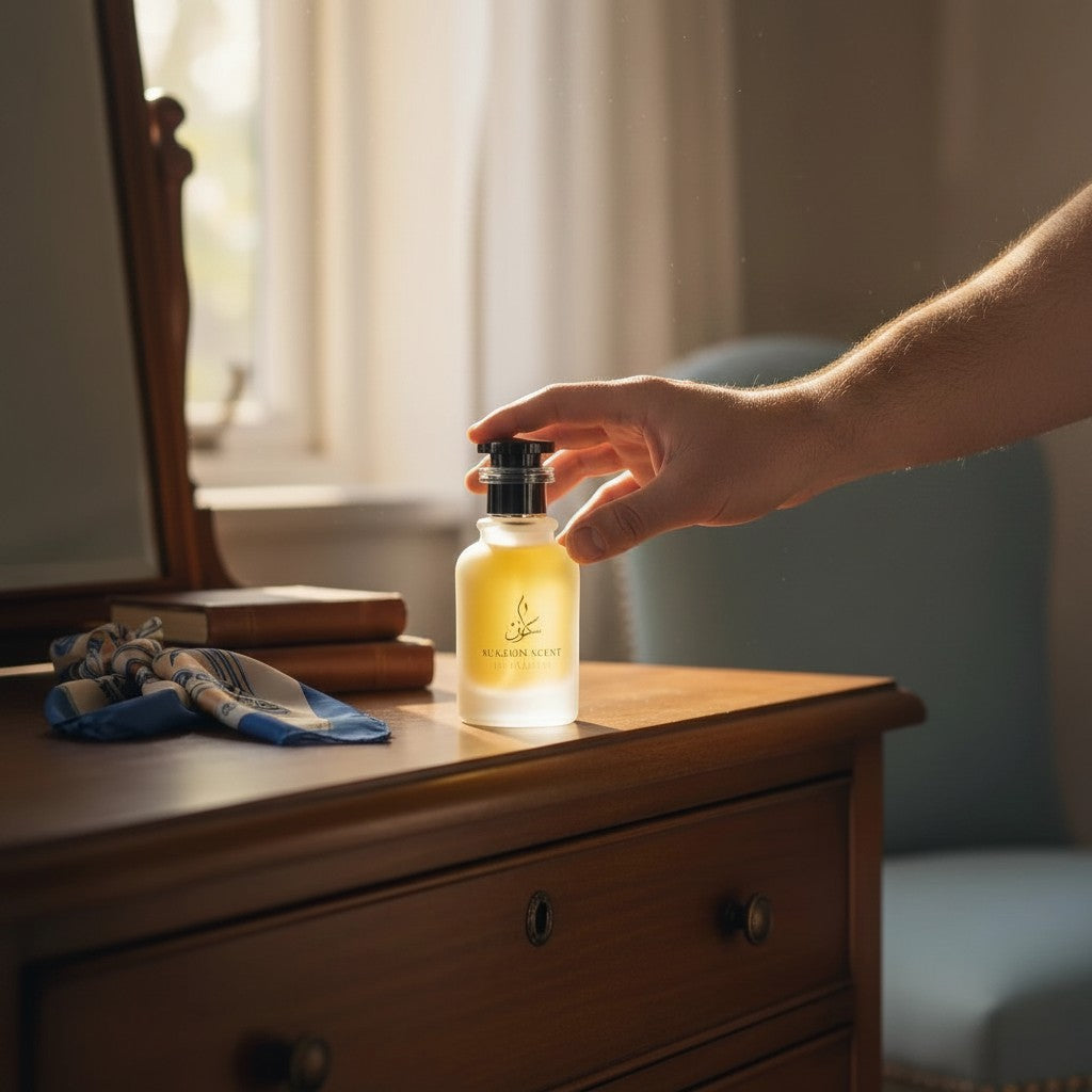 Sukuun Scent Ocean Legacy Eau de Parfum 50ML bottle with a hand reaching for it.