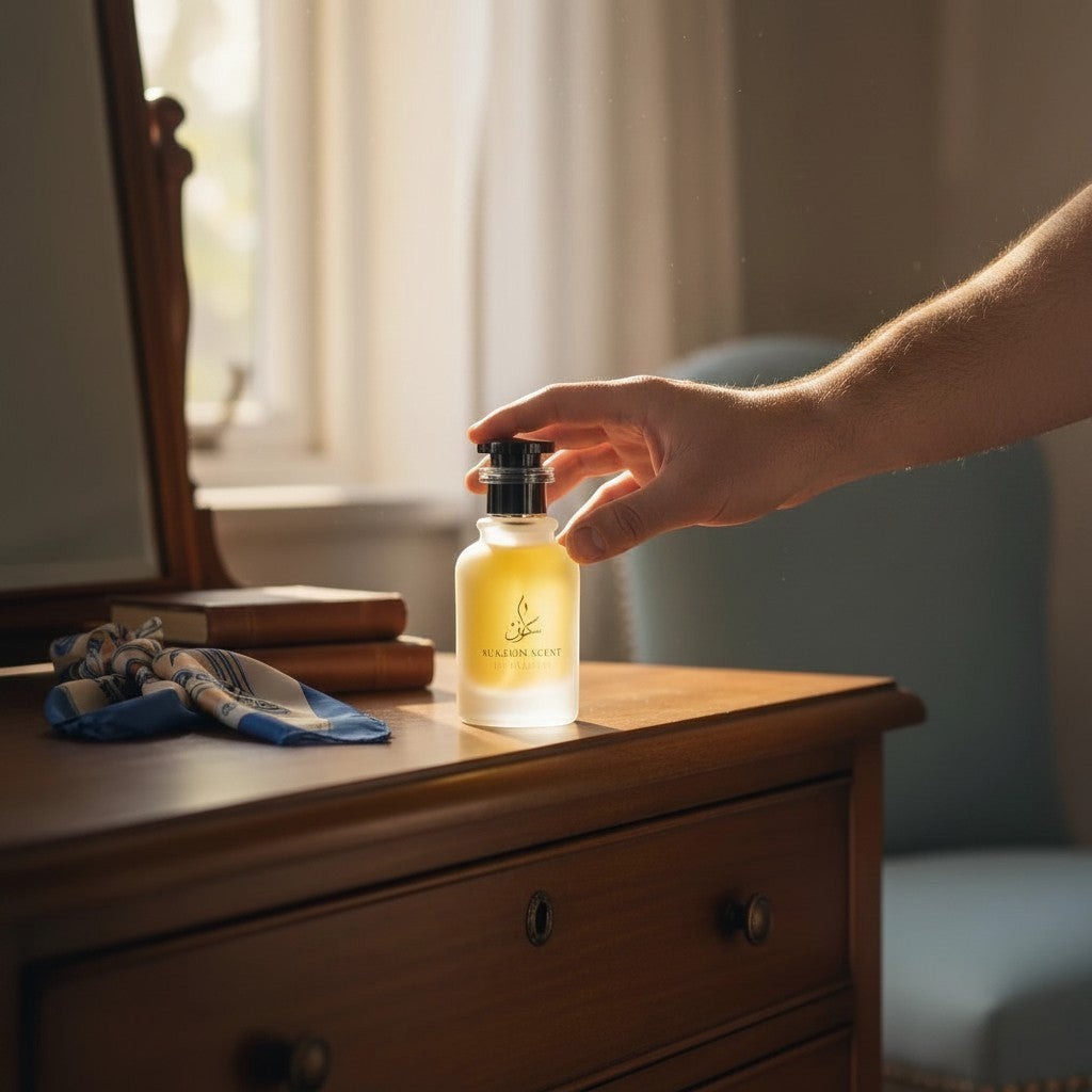 Sukuun Scent Ocean Legacy Eau de Parfum 50ML bottle with a hand reaching for it.