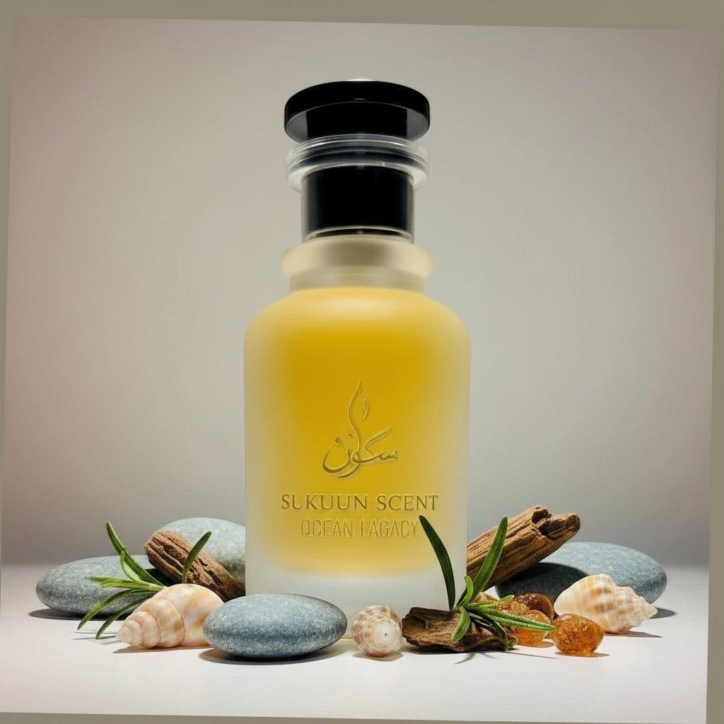 Sukuun Scent Ocean Legacy Eau De Parfum in a frosted glass bottle surrounded by seashells, driftwood, and rosemary.