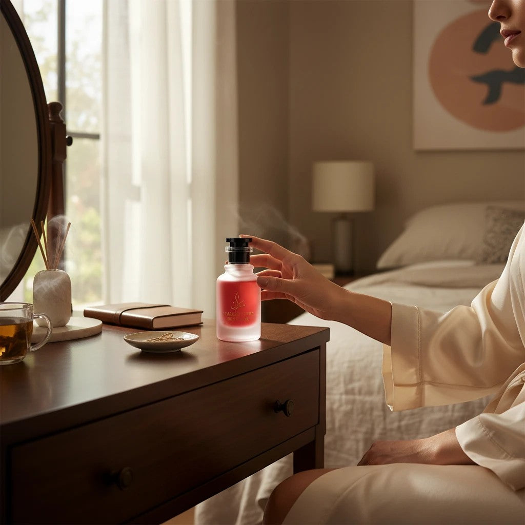 Sukuun Scent Ruby Desire Eau De Parfum in a frosted glass bottle with gold accents, held by a woman in a silk robe.