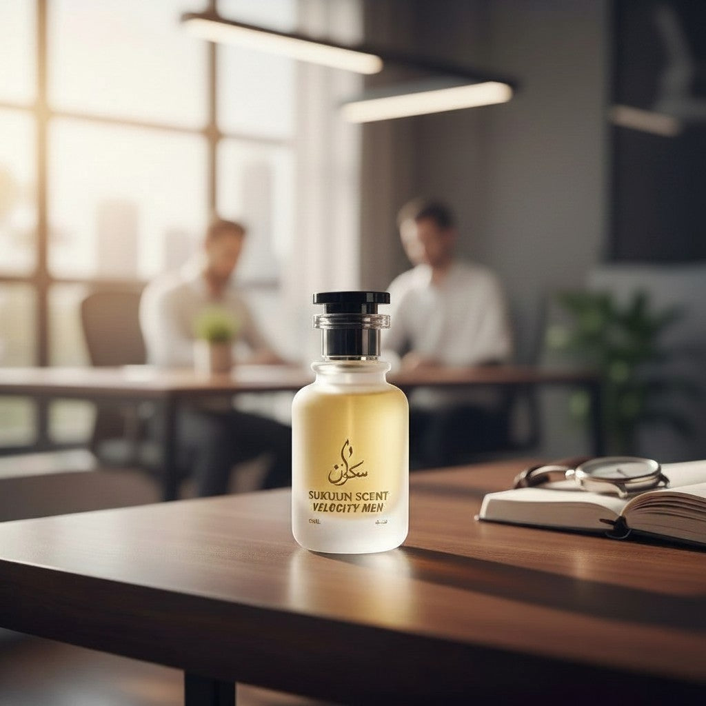 Sukuun Scent Velocity Men Eau De Parfum in frosted glass bottle with gold accents, held by a man's hand.