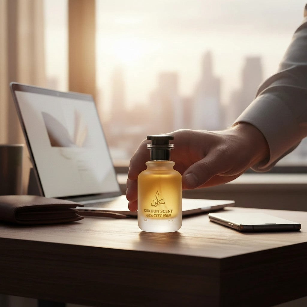 Sukuun Scent Velocity Men Eau De Parfum in a frosted glass bottle with gold accents, held by a man's hand.