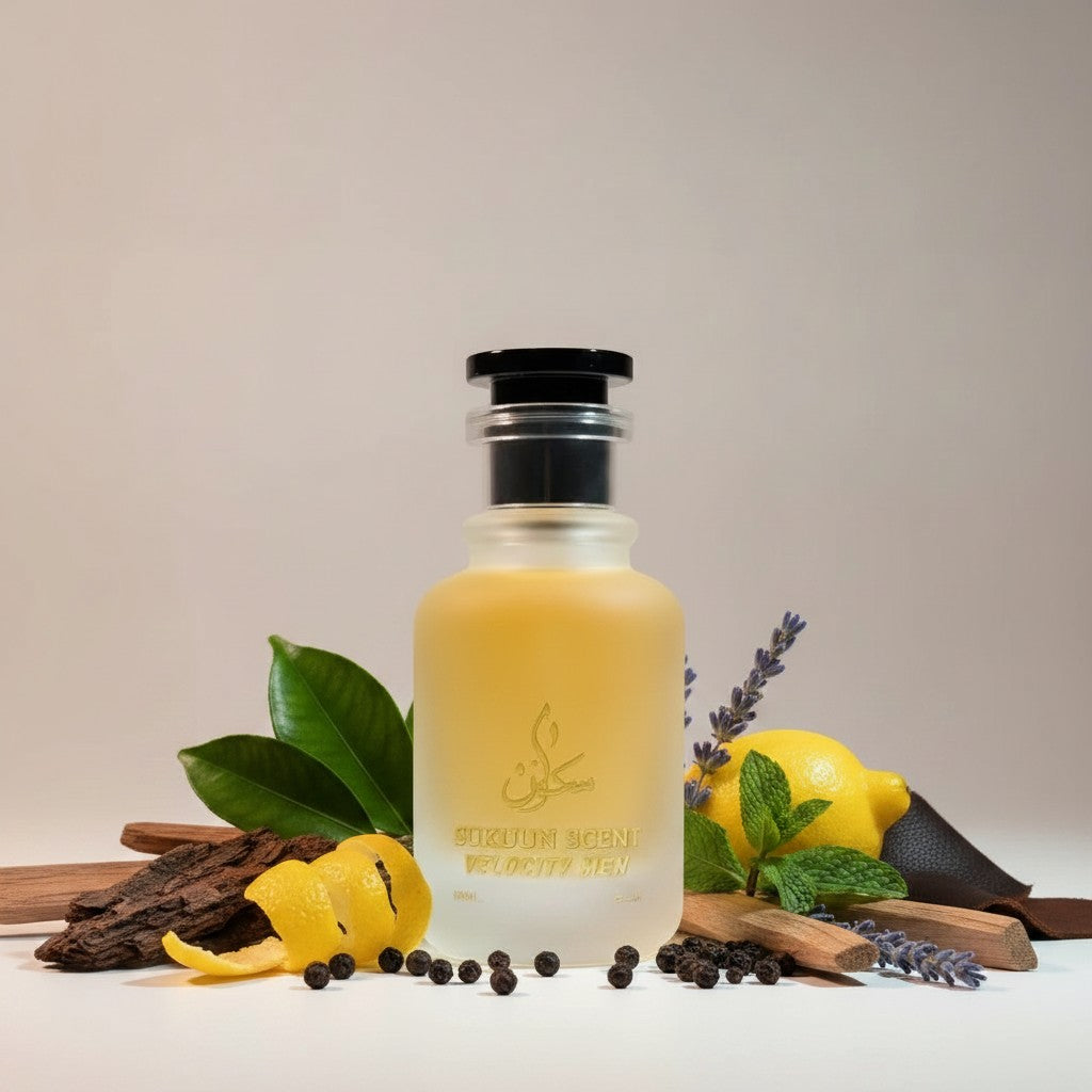 Sukuun Scent Velocity Men Eau De Parfum in a frosted glass bottle with gold accents and a black cap.