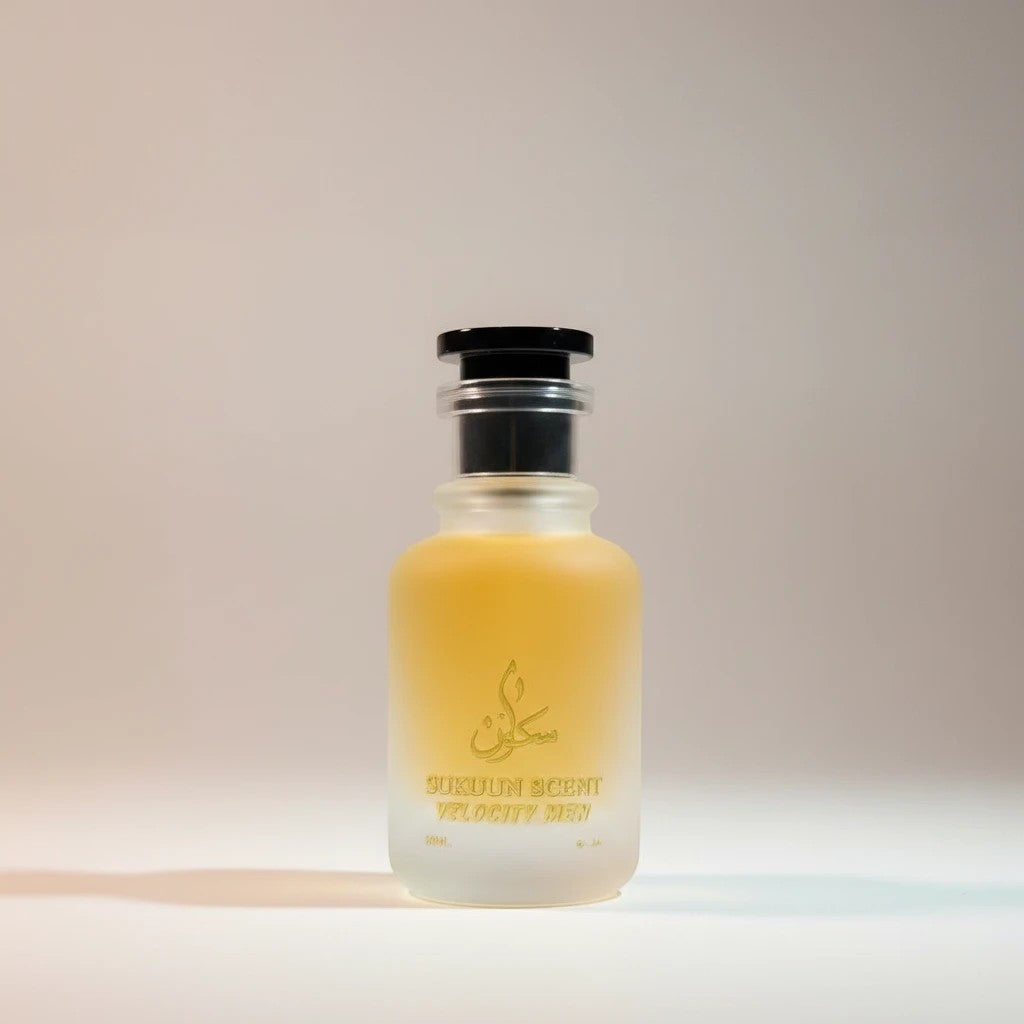 Sukuun Scent Velocity Men Eau De Parfum in a frosted glass bottle with gold accents and a black cap.