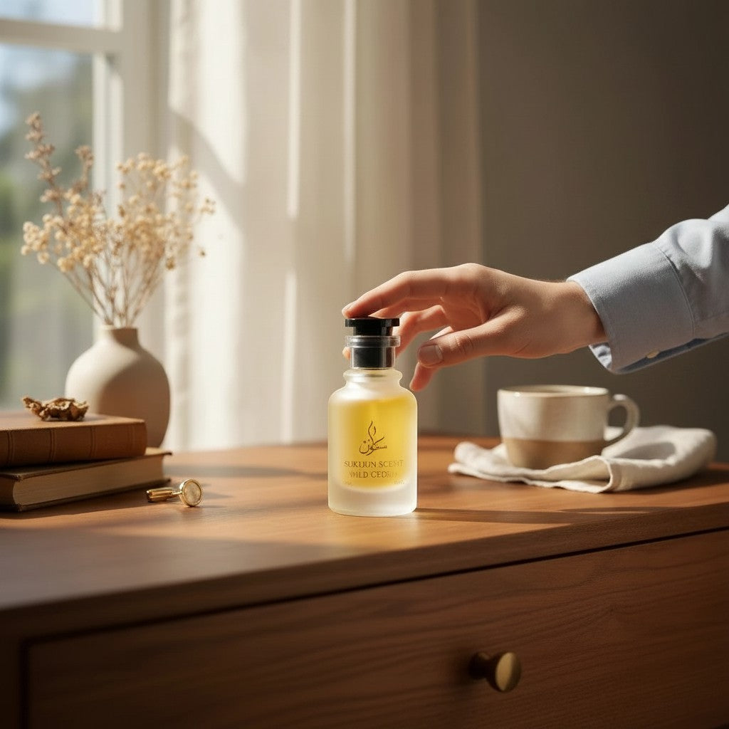 Sukuun Scent Wild Crown Eau De Parfum in a frosted glass bottle with a black cap, held by a hand.
