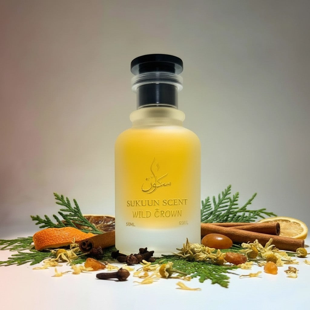 Sukuun Scent Wild Crown Eau De Parfum in a frosted glass bottle with a black cap. The golden label reads "SUKUUN SCENT WILD CROWN 50ML".