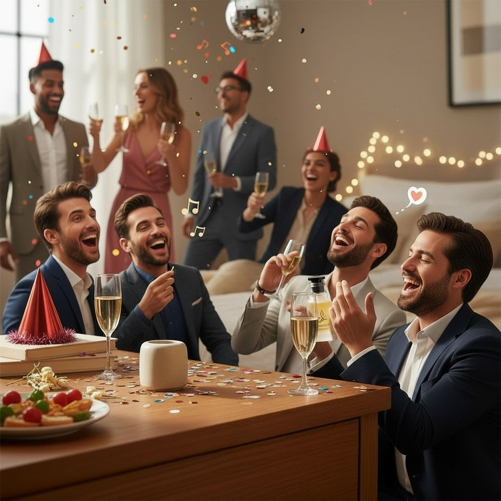 Sukuun Scent Wild Crown Eau De Parfum bottle with smoke rising, at a celebratory party with men laughing.