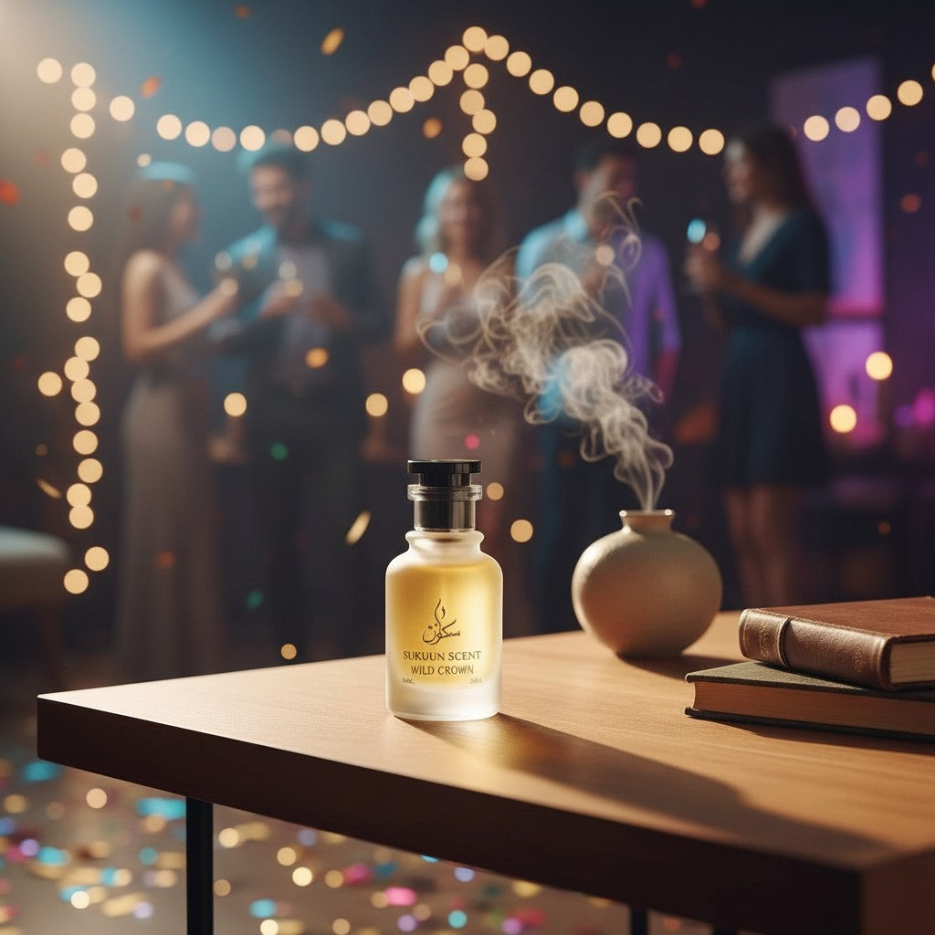 Sukuun Scent Wild Crown Eau De Parfum bottle on a wooden table with a blurred party background and incense smoke.